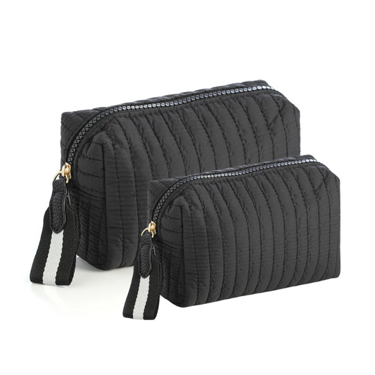 Ezra Quilted Nylon Boxy Cosmetic Pouch Set - Black - Give Wink