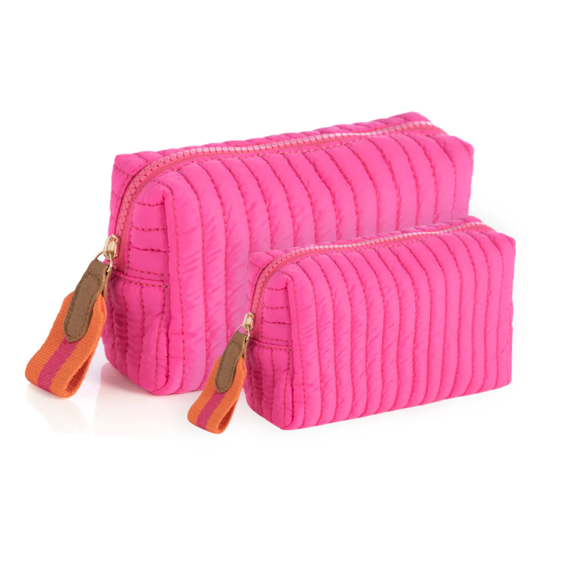 Ezra Quilted Nylon Boxy Cosmetic Pouch Set - Hot Pink - Give Wink