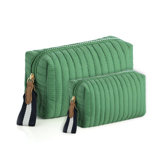 Ezra Quilted Nylon Boxy Cosmetic Pouch Set - Green - Give Wink