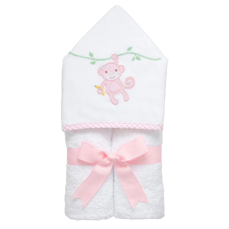 Personalized Baby Girl Pink Monkey Hooded Towel - Give Wink