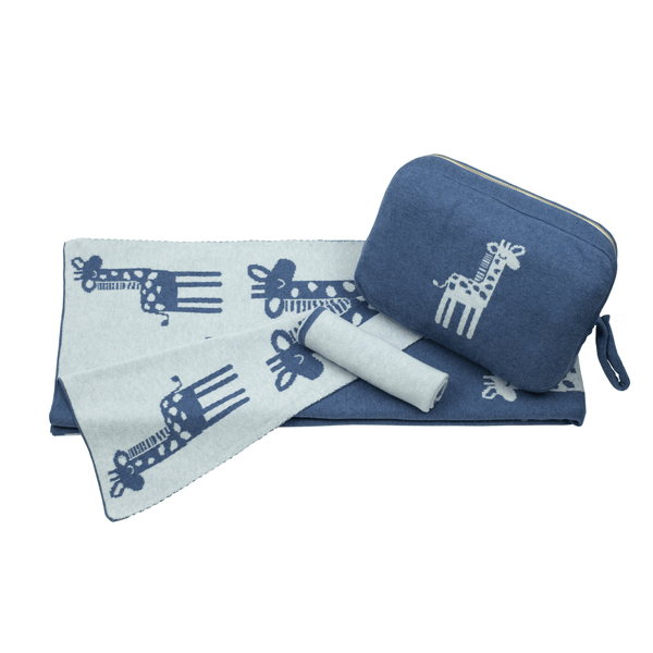 Personalized Baby Travel Set Marine / Sky Giraffe 3 Piece Knitted - Give Wink