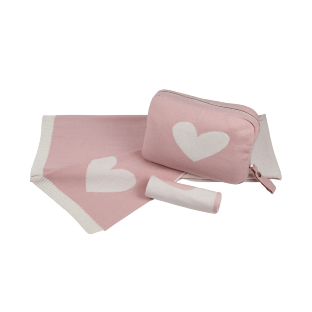 Personalized Baby Travel Set Pink / Ivory Hearts 3 Piece Knitted - Give Wink