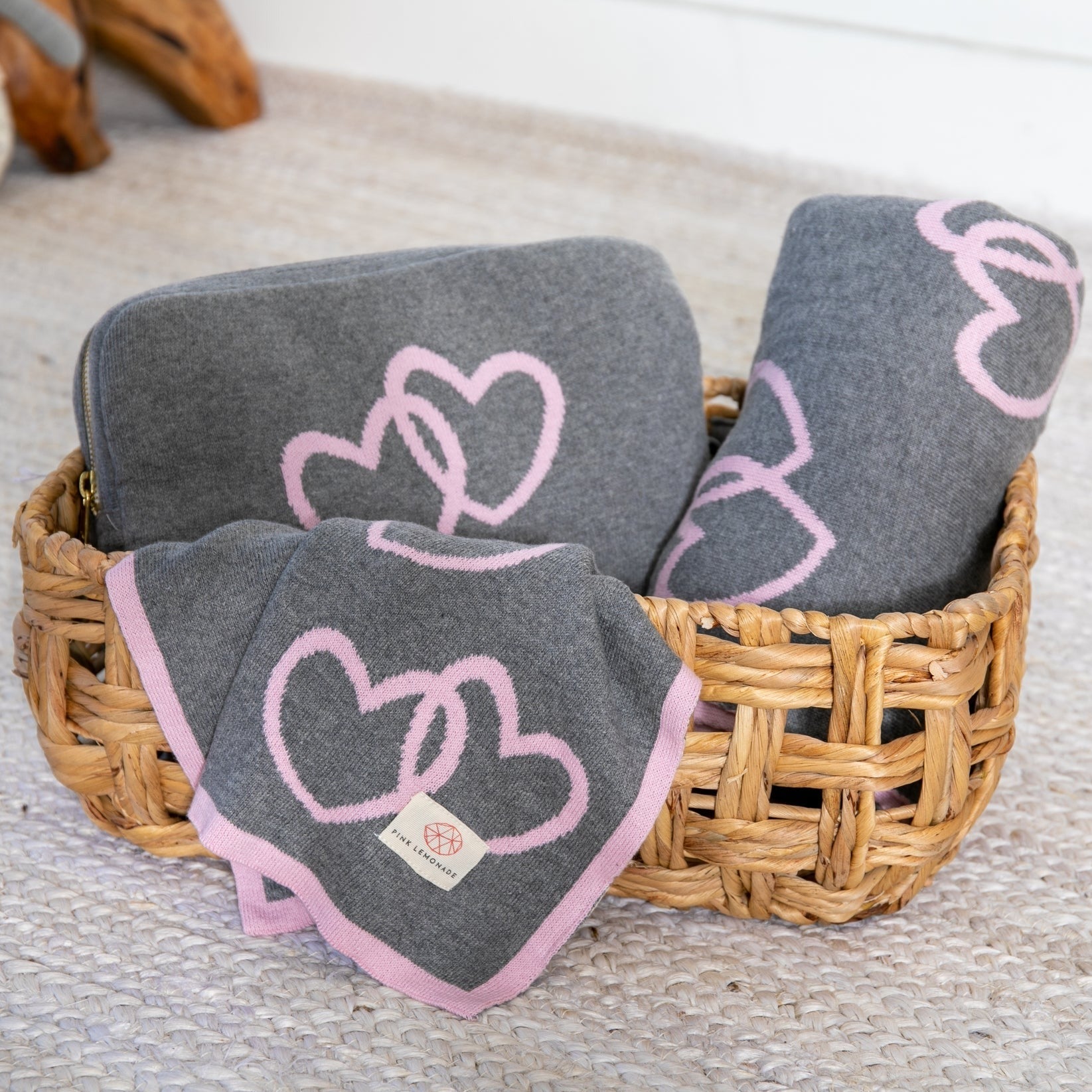 Twin Hearts 3 Piece Baby Knitted Travel Set - Grey / Lt. Pink - Give Wink