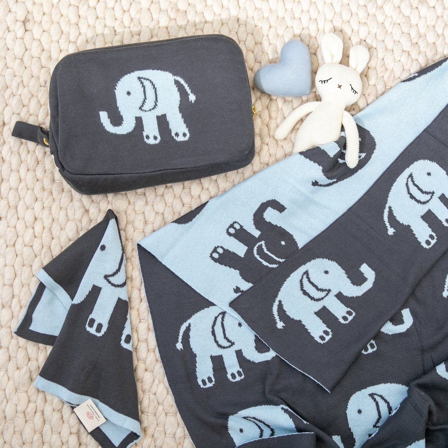 Elephant 3 Piece Knitted Baby Travel Set - Blue / Grey - Give Wink