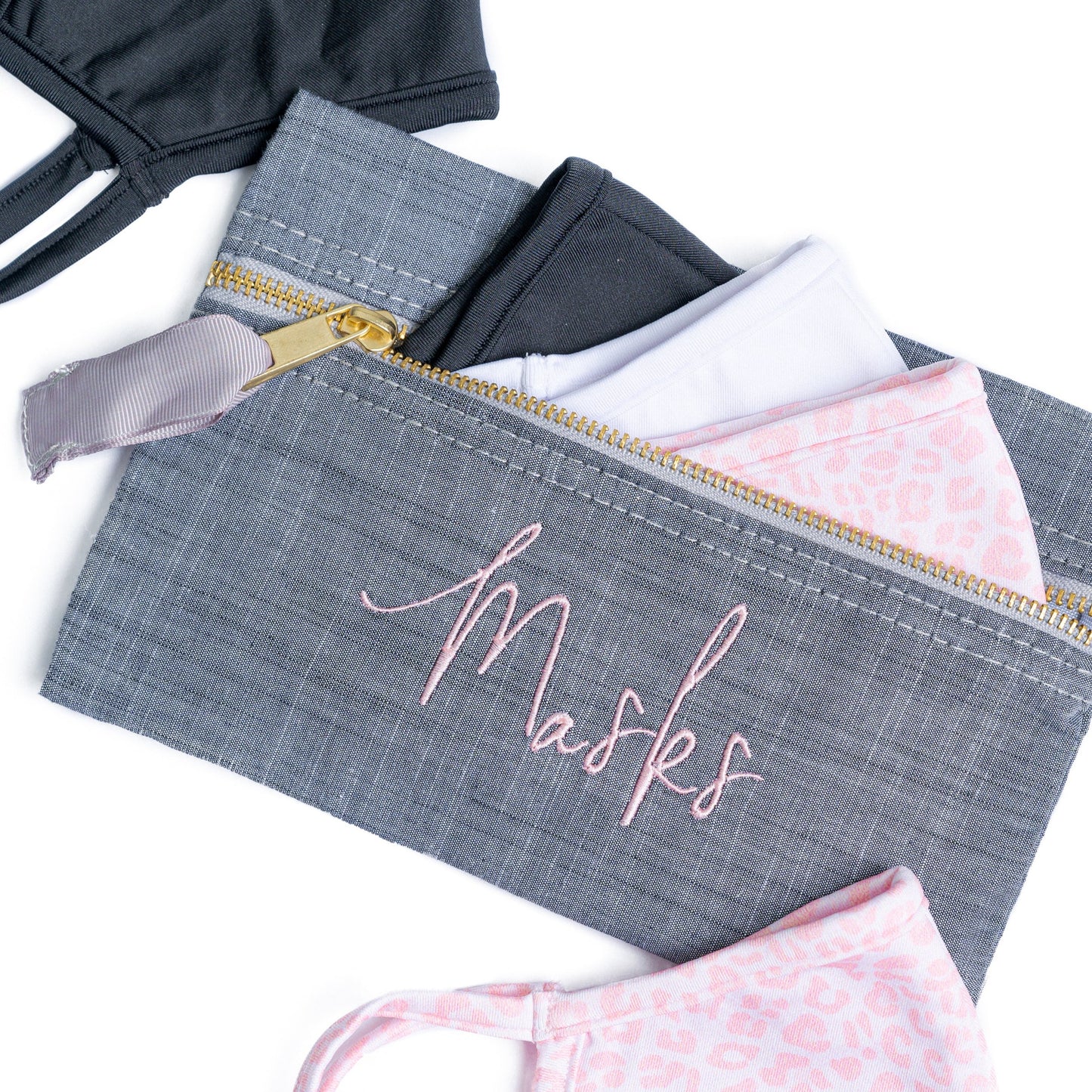 Personalized Chambray Grey Flat Pouch - Give Wink
