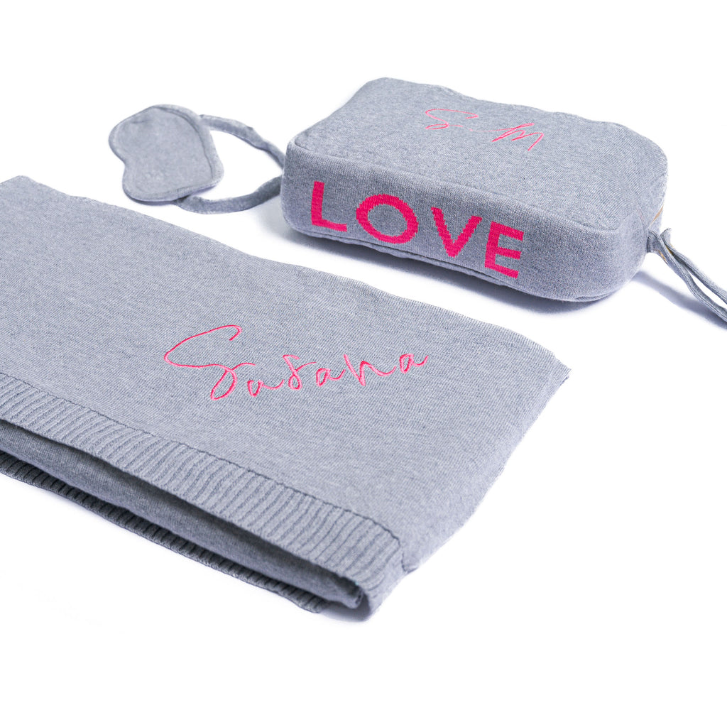 Personalized Adult Travel Set LOVE 3 Piece Knitted Grey / Neon Pink - Give Wink