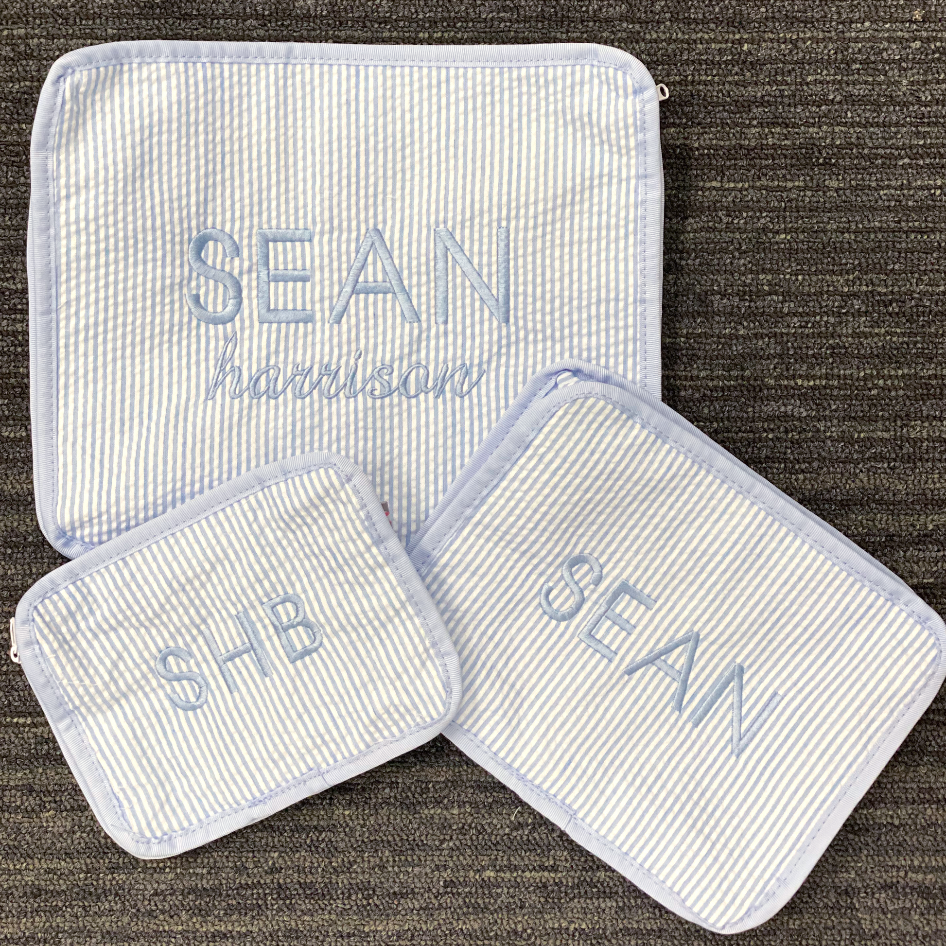 Personalized Seersucker Baby Blue Organizing Trio - Give Wink