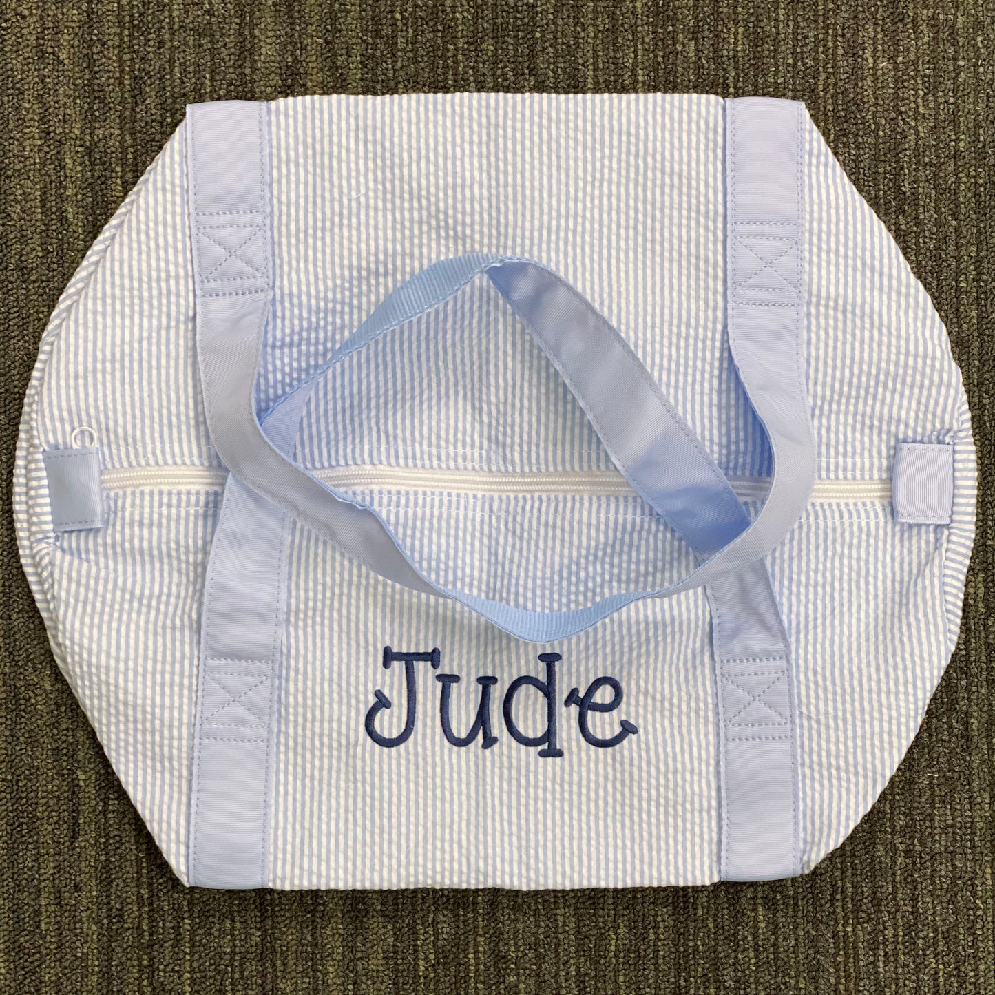 Personalized Seersucker Baby Blue Duffel Bag - Give Wink