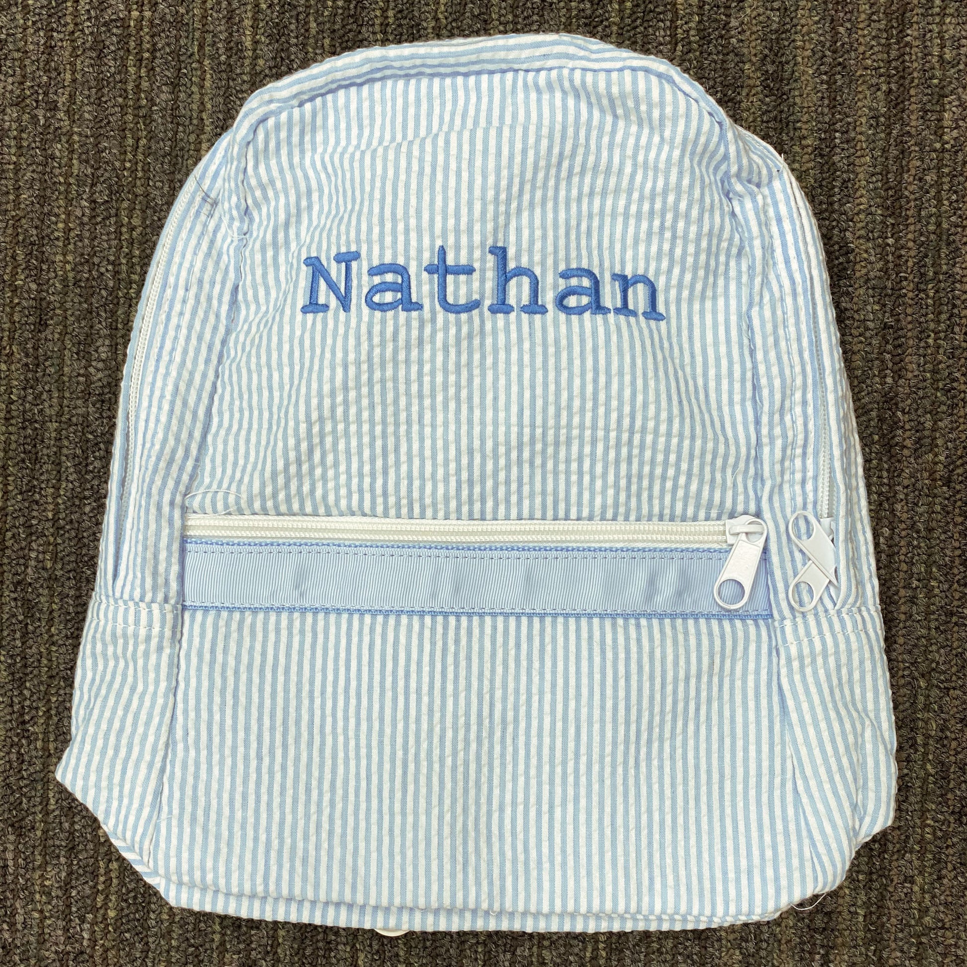 Personalized Seersucker Baby Blue Large Backpack - Give Wink