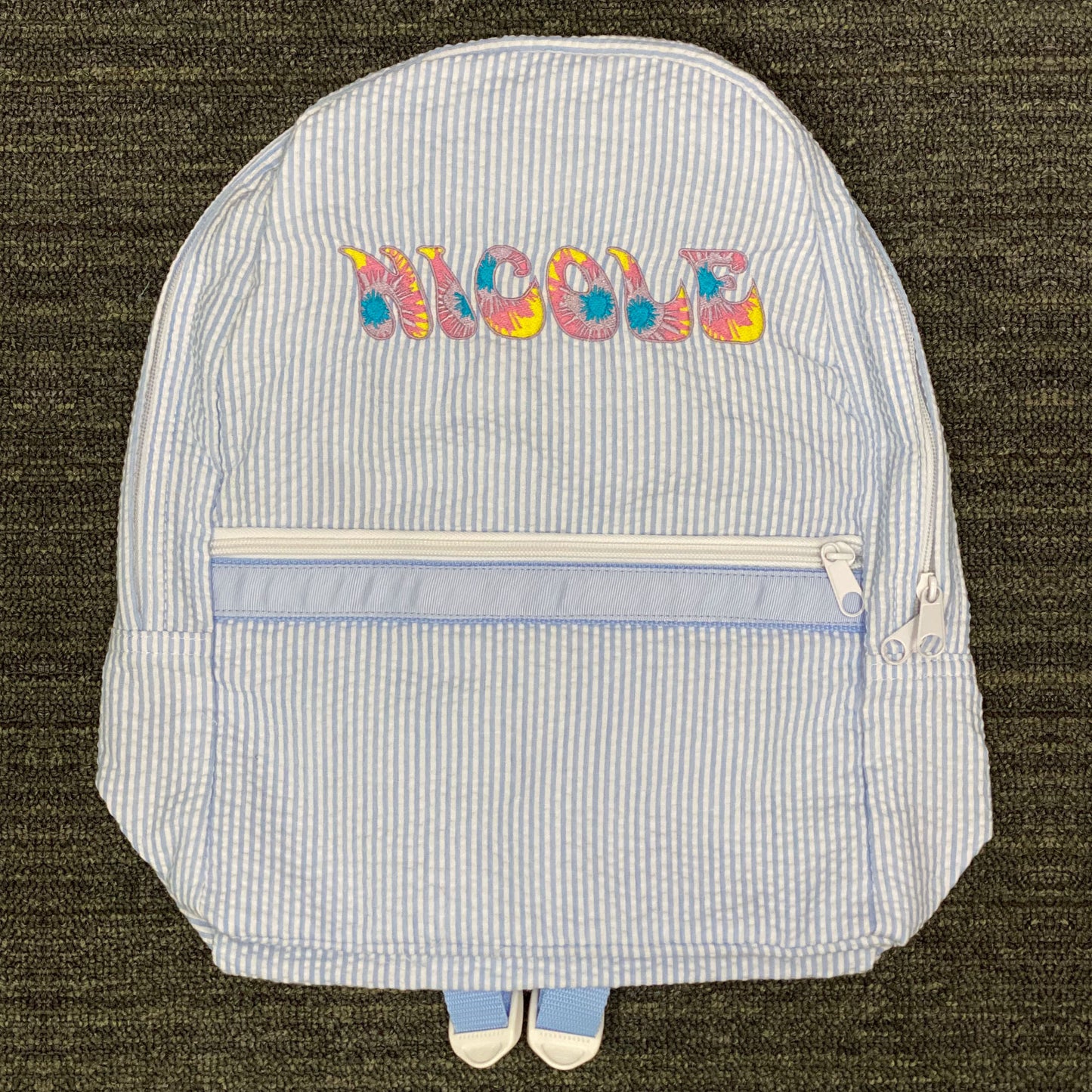 Personalized Seersucker Baby Blue Large Backpack - Give Wink