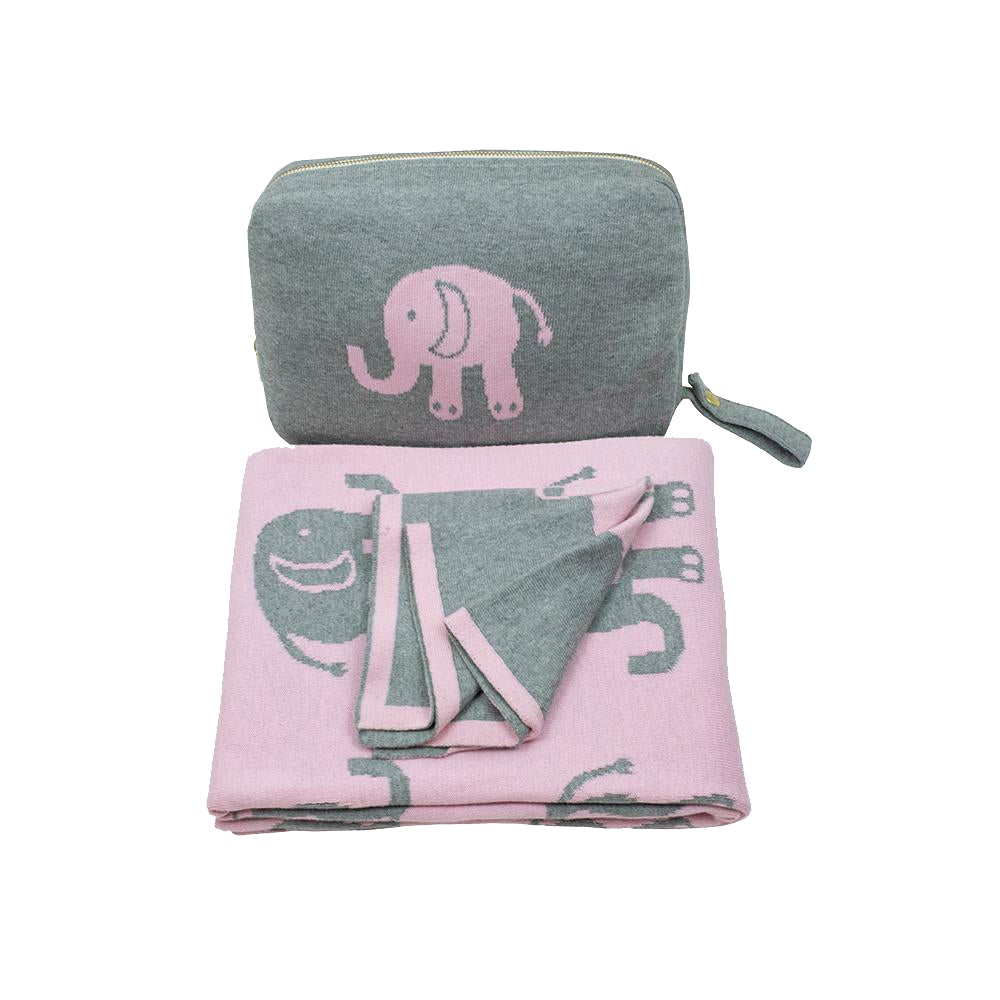 Elephant 3 Piece Knitted Baby Travel Set - Pink / Light Grey - Give Wink
