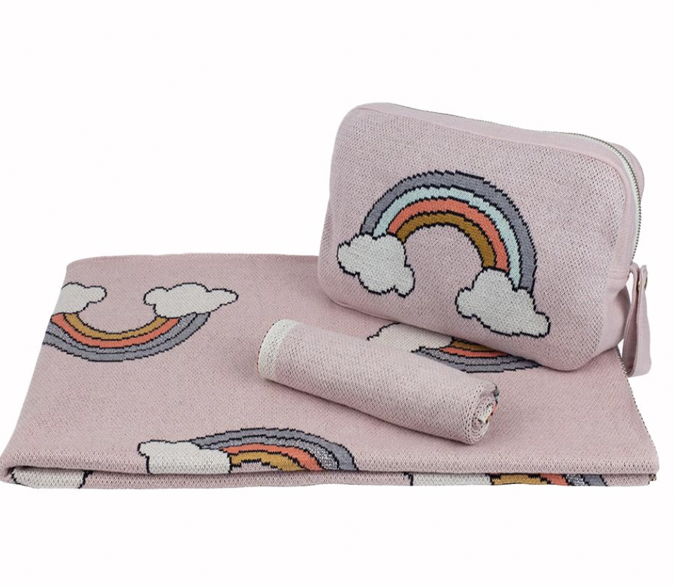 Personalized Baby Travel Set Pink / Silver Rainbow 3 Piece Knitted - Give Wink