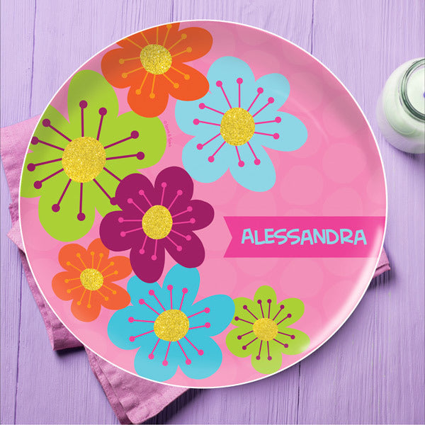 Shiny Bold Flowers Personalized Kids Plates - Give Wink