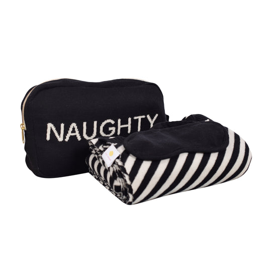 Naughty or Nice 3 Piece Knitted Adult Travel Set - Black / White - Give Wink