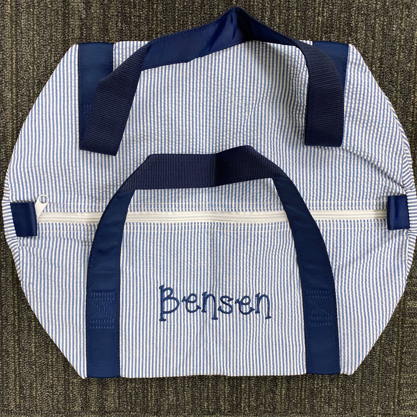 Personalized Seersucker Blue Navy Duffel Bag - Give Wink