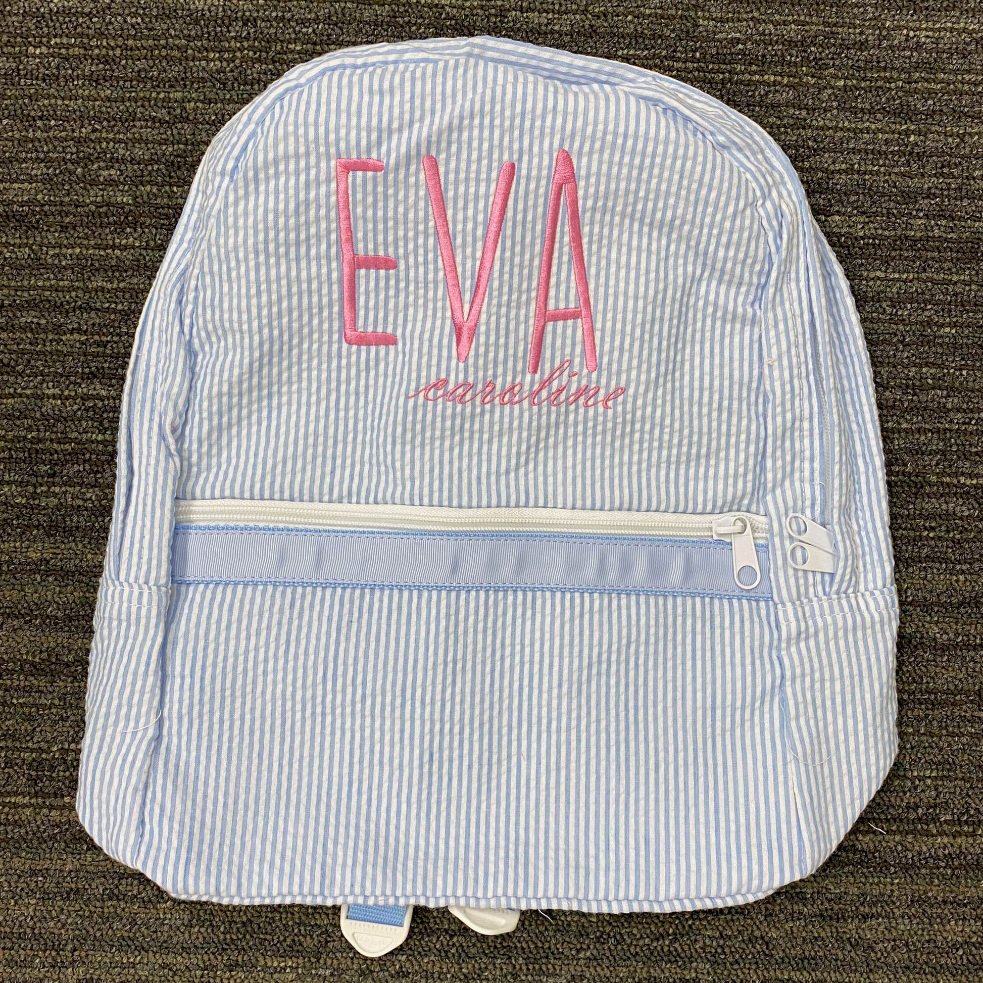 Personalized Seersucker Baby Blue Large Backpack - Give Wink