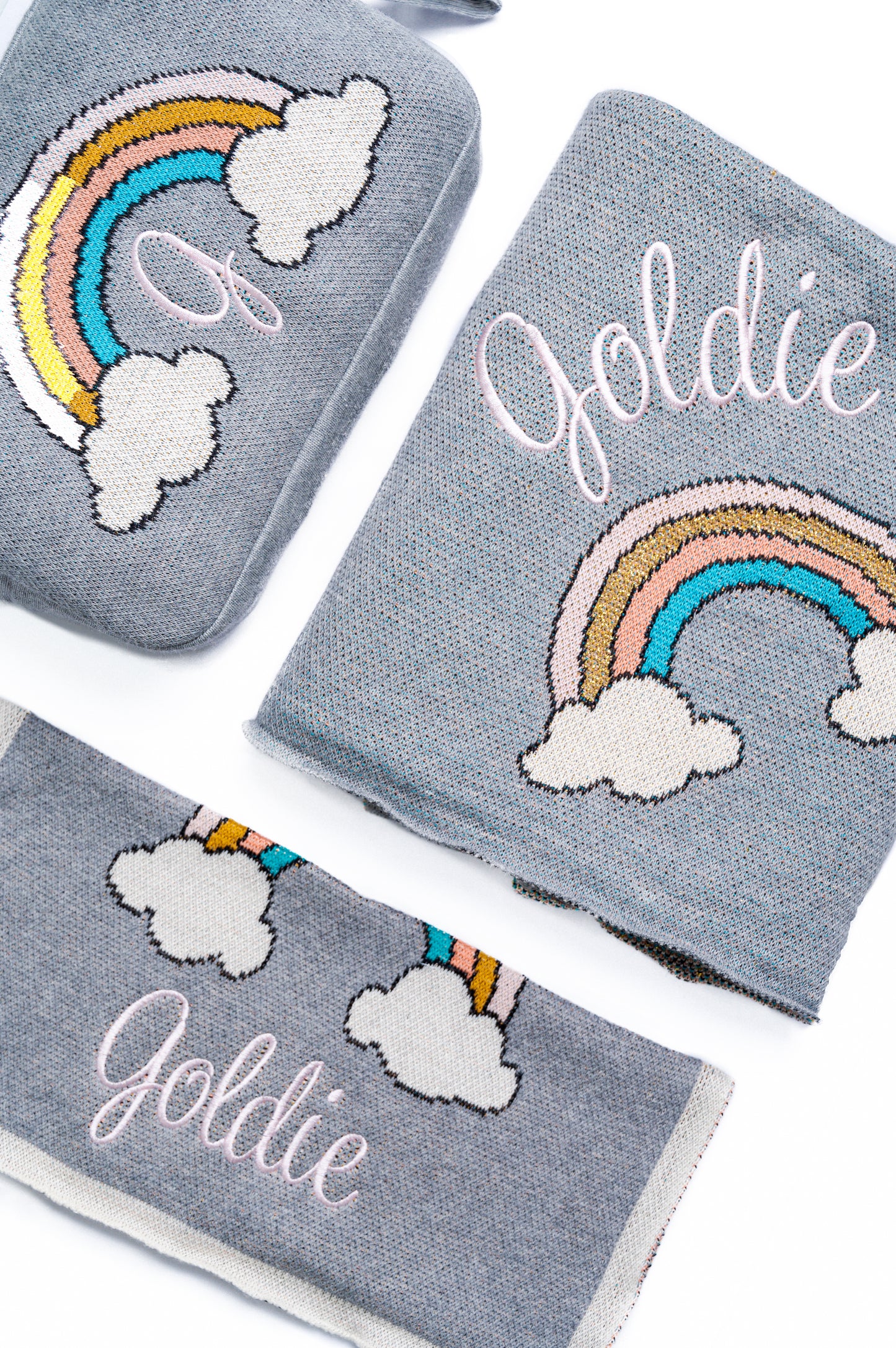 Personalized Baby Travel Set Grey / Gold Rainbow 3 Piece Knitted - Give Wink